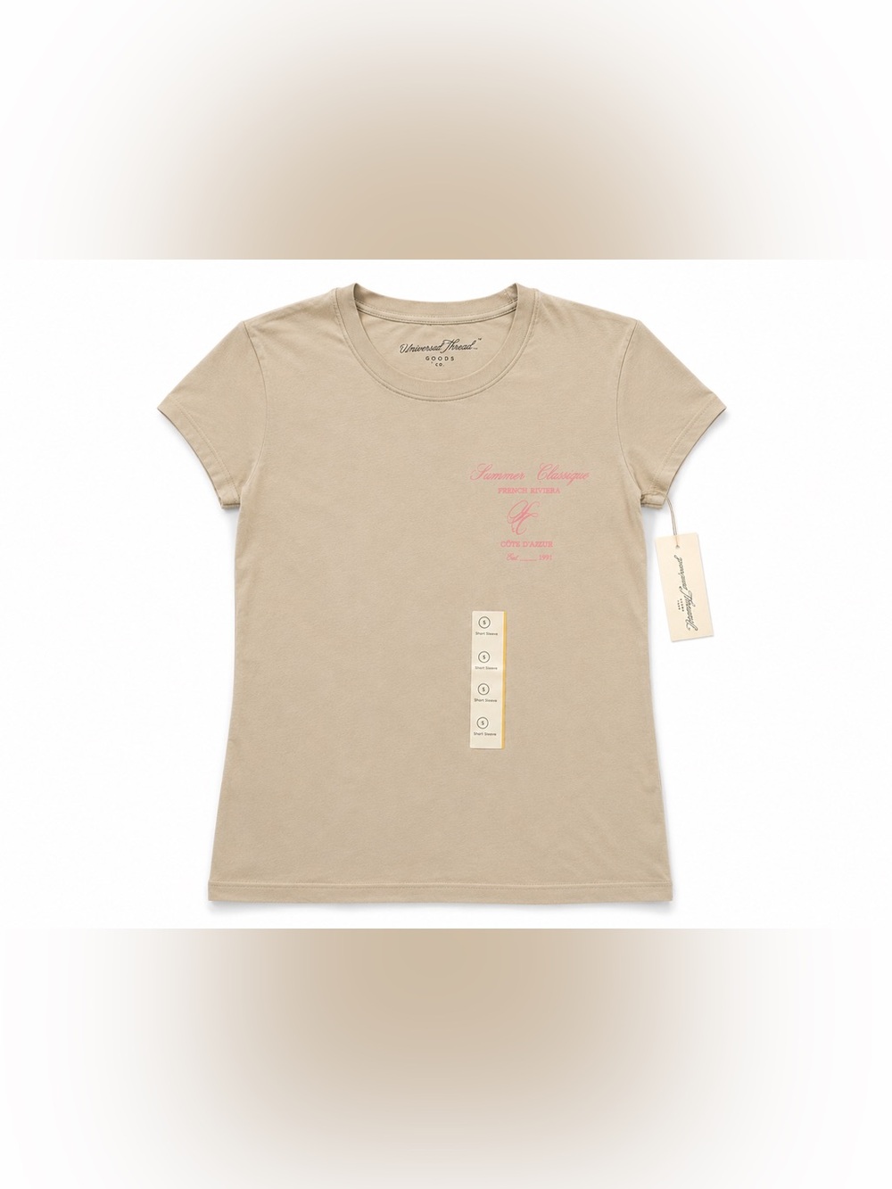 Universal Thread Beige Short Sleeve Tee with Pink Script